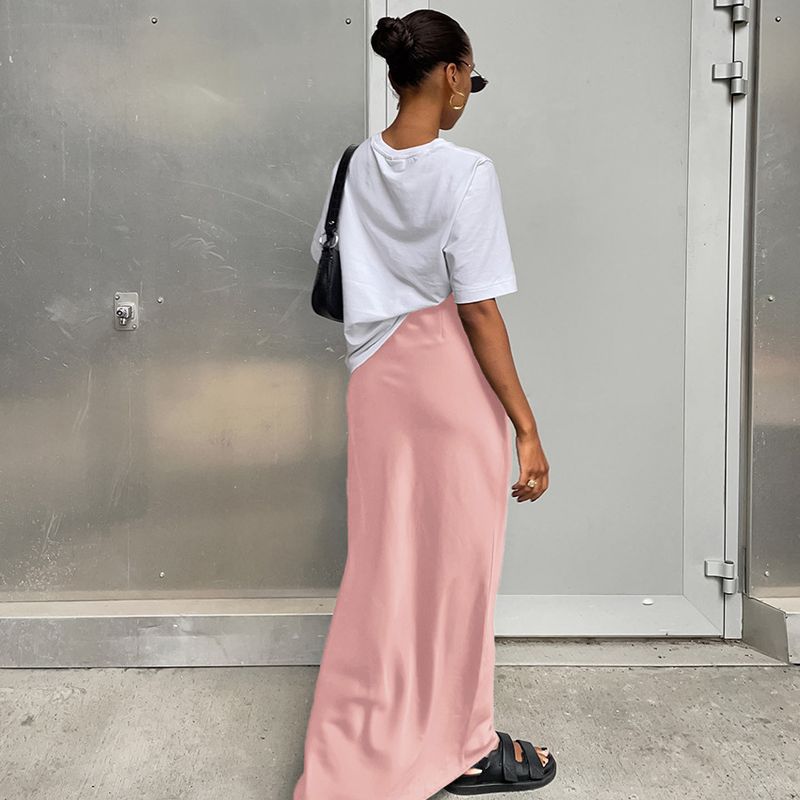 

Easiest for Match Spring/Summer New Arrival Women s Clothing Pure Color Artificial Silk Skirt Fashion Style High Waist Satin Bodycon Dress Long Skirt Light pink XL