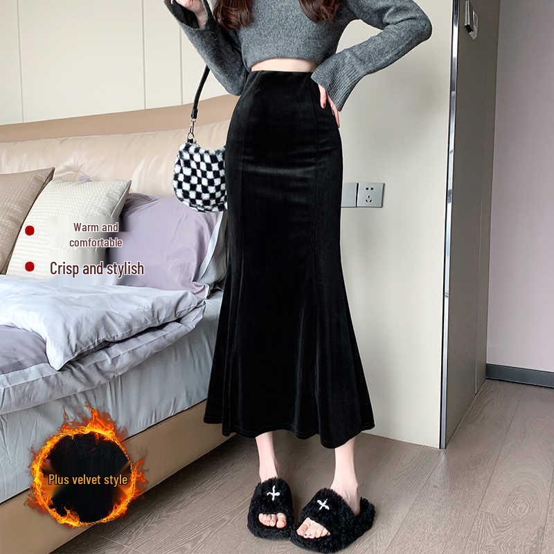 830 Composite Super Soft Black Gold Velvet High-Waist Fishtail Skirt - Women's Retro Slimming Mid-Length Hip-Hugging Skirt