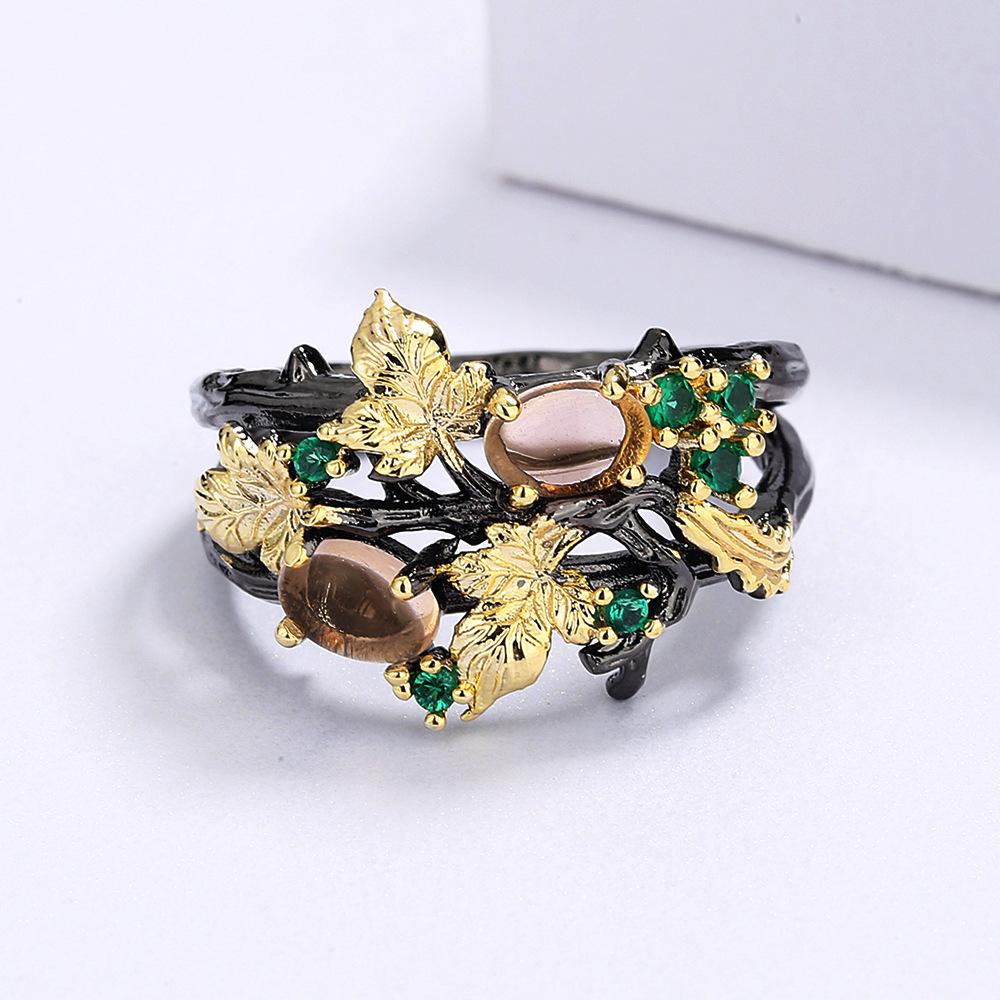 Hand Jewelry Popular Set With Colorful Gemstones Plant Flower Black Gold Two-Color Women'S Ring