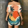 Women Plus Size Off Shoulder Short Sleeve Sunset Palm Wave Print Loose Romper With Pockets