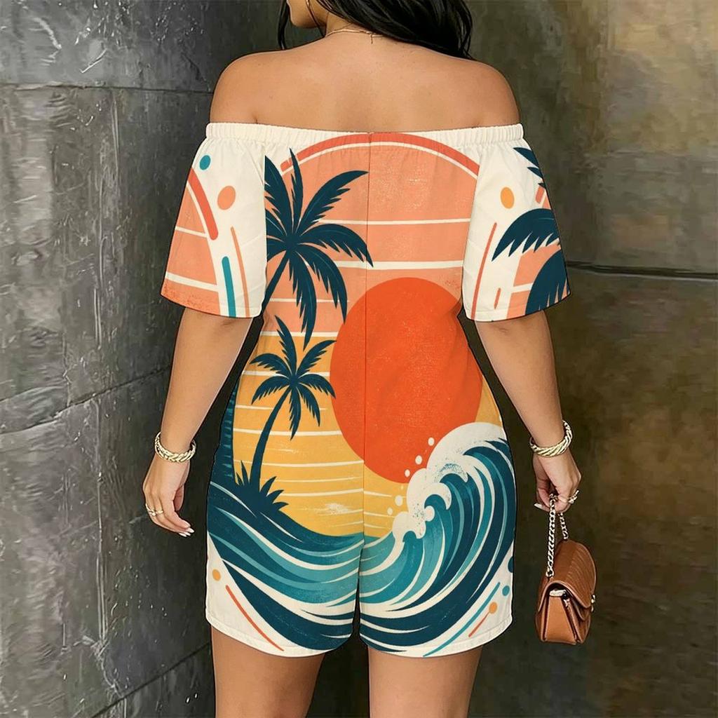 Women Plus Size Off Shoulder Short Sleeve Sunset Palm Wave Print Loose Romper With Pockets