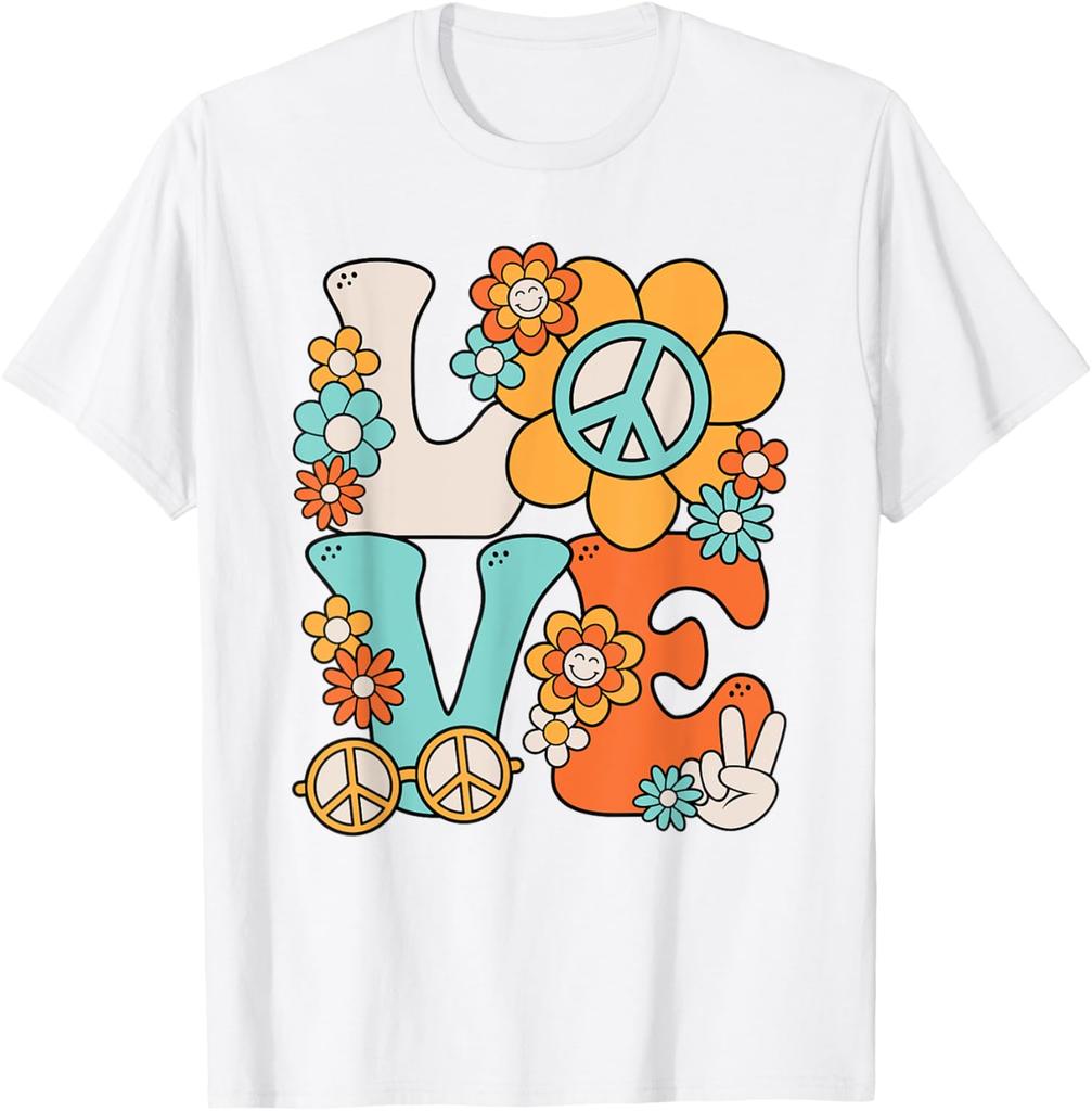 Hippie Peace Love Flower  70s Style  Print Cotton T-Shirt Casual Trip Tee for Women