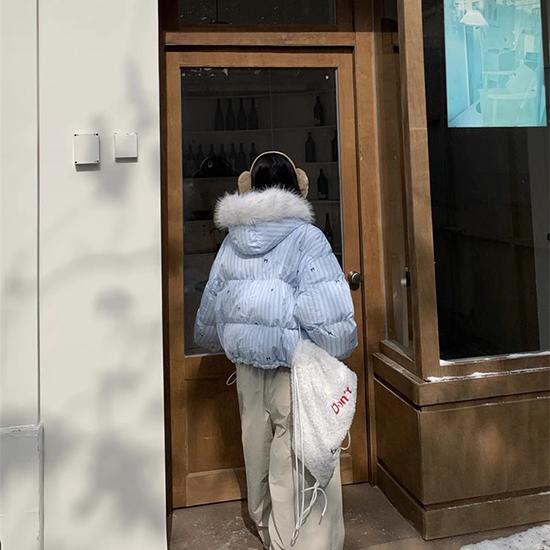 Autumn and Winter American Striped Bow Collar Hooded Cotton Jacket, Thickened Warm Cotton Jacket for Women