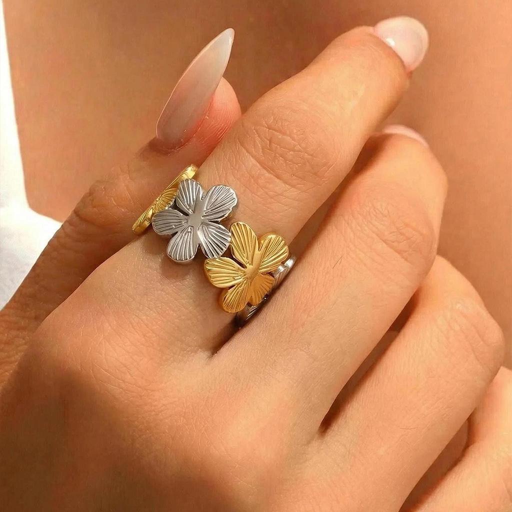 Adjustable Floral Gold-Plated Stainless Steel Ring - Fade Resistant, European & American Resort Style for Women
