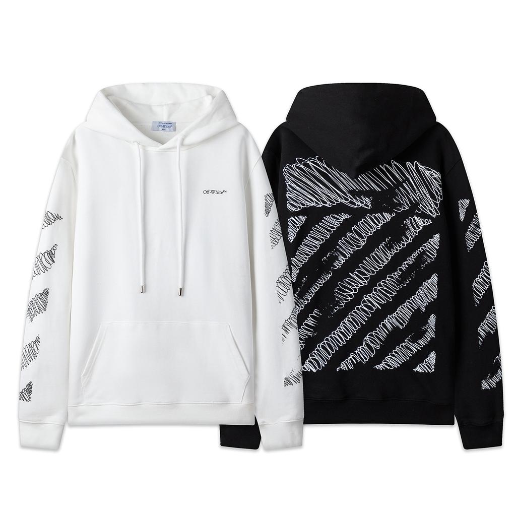 Off-White 2026 Autumn and Winter New Sketch Pattern Arrow Looped Hooded Sweatshirt for Men and Women