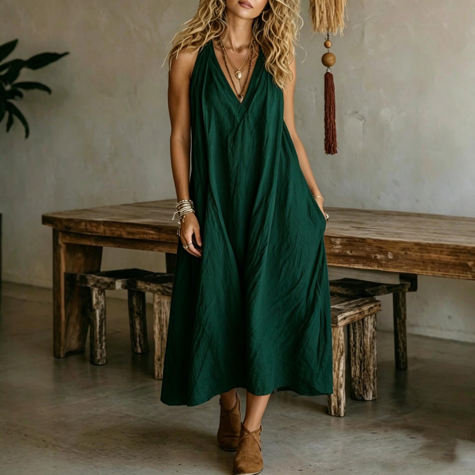 Women s Fashion Casual Sleeveless V-Neck Loose Fit Dress with Pockets L
