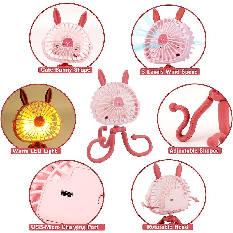 Baby Stroller Cooling Fan Portable Handheld Fan 360° Rotate Flexible Tripod Rechargeable for Bed Car Seat Travel Easter Bunny