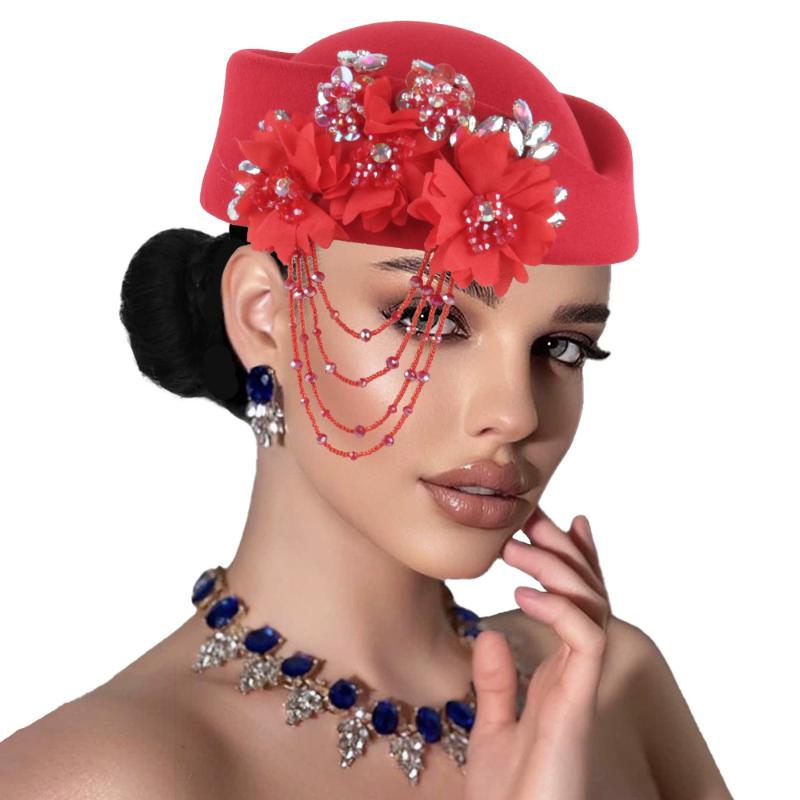 

Retro British Hat For Women Elegant 3D Floral Decorated Flight Attendant Cap Beret Cosplay Costume Accessories червоний