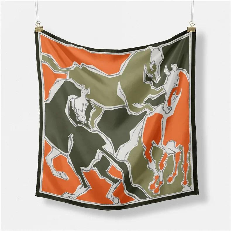 Luxury Horse Print Silk Square Scarf Women Spring Neck Tie Shawl Wraps Female Hair Hand Wrist Headkercheif Hijab Bandana