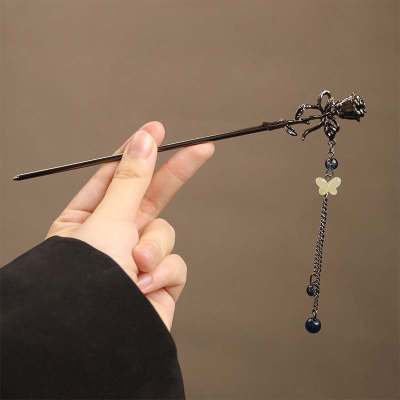 Metall Haarnadel mit Blume und Schmetterling im chinesischen Stil für Damen, Vintage, mit schwarzen Perlen und Fransen, Haarspange, Hanfu-Schmuck, Haarschmuck