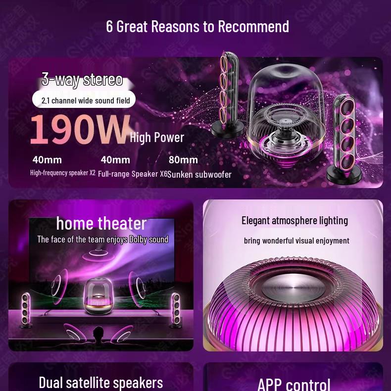 Crystal 5 Bluetooth Speaker: Desktop Stereo Surround Sound with App Control for Home Use