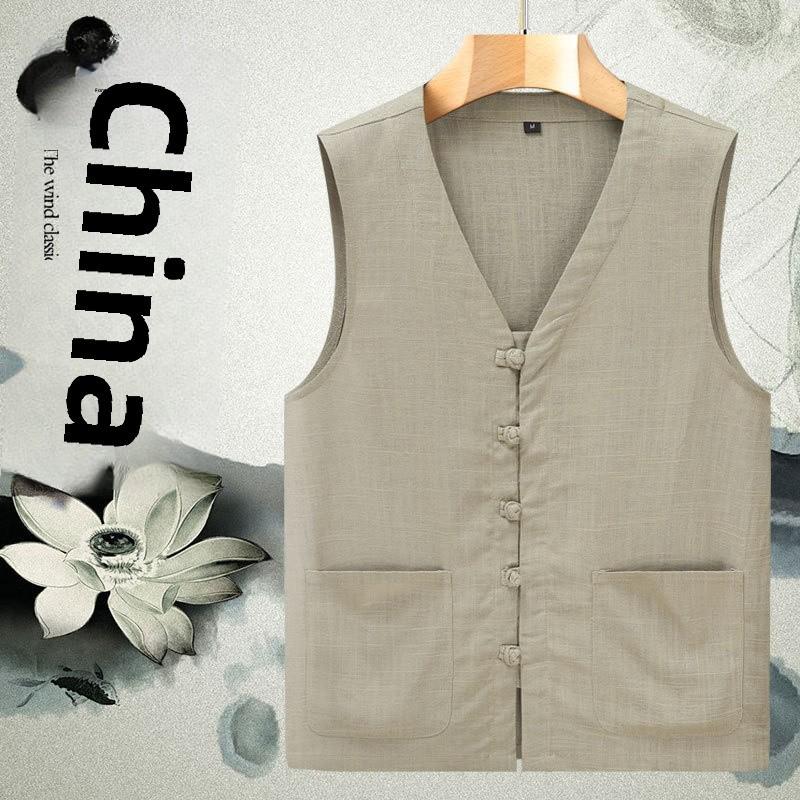 Men's Summer Linen Tang Suit Vest - Lightweight, Loose Fit, Sleeveless, Perfect for Middle-aged and Elderly.