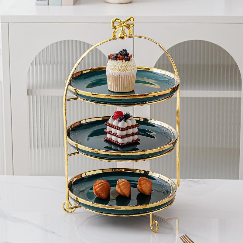 Golden Edged Double-layer Ceramic Tray, Cake Rack, Snack, Fruit Tray, Afternoon Tea Dessert Display Stand, Metal Bow Bracket
