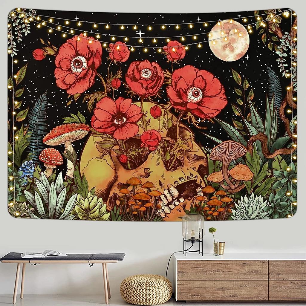 Skull Flower Tapestry Moon Garden Tapestry Mushroom Plant Tapestry Psychedelic Vintage Wall Hanging Bedroom Room Home Decor