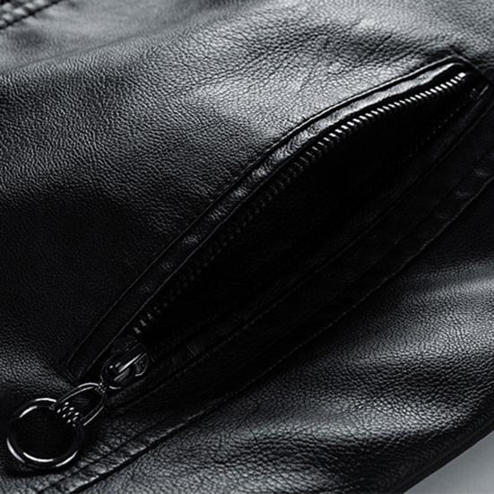 Men Jacket Color Block Long Sleeve Pockets Stand Collar Faux Leather Zipper Coat for Working