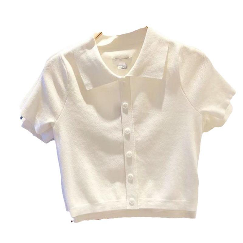 Ice Silk Knit Short-sleeved Polo Shirt Women's Summer T-shirt Positive Shoulder Senior Chic Top Tide