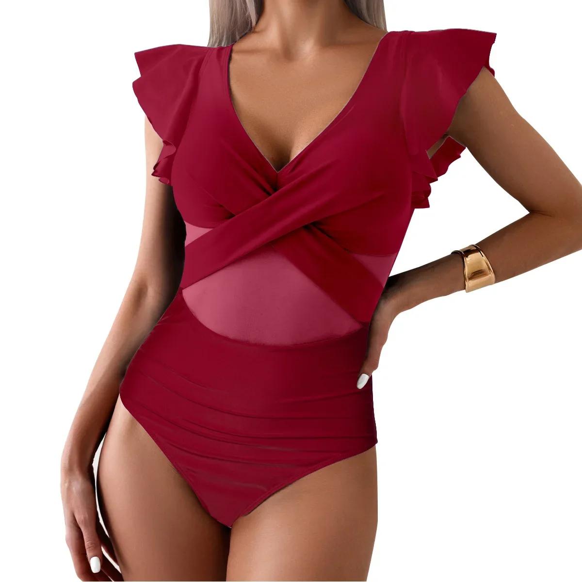 

Жіночий купальник 2025 Trend Tummy Control V Neck Sexy Bikini Ruched Купальні костюми Slim Fit Купальники з рюшами і рукавами L