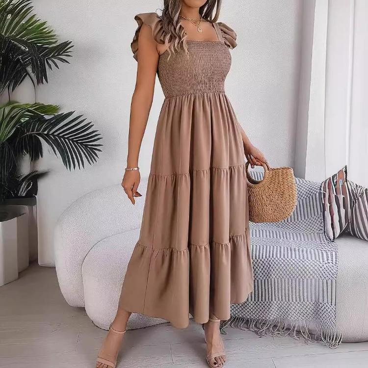 Autumn Winter Women Elegant High Waist Pleated Dress Short Sleeve Solid Color Lace Up Fashion