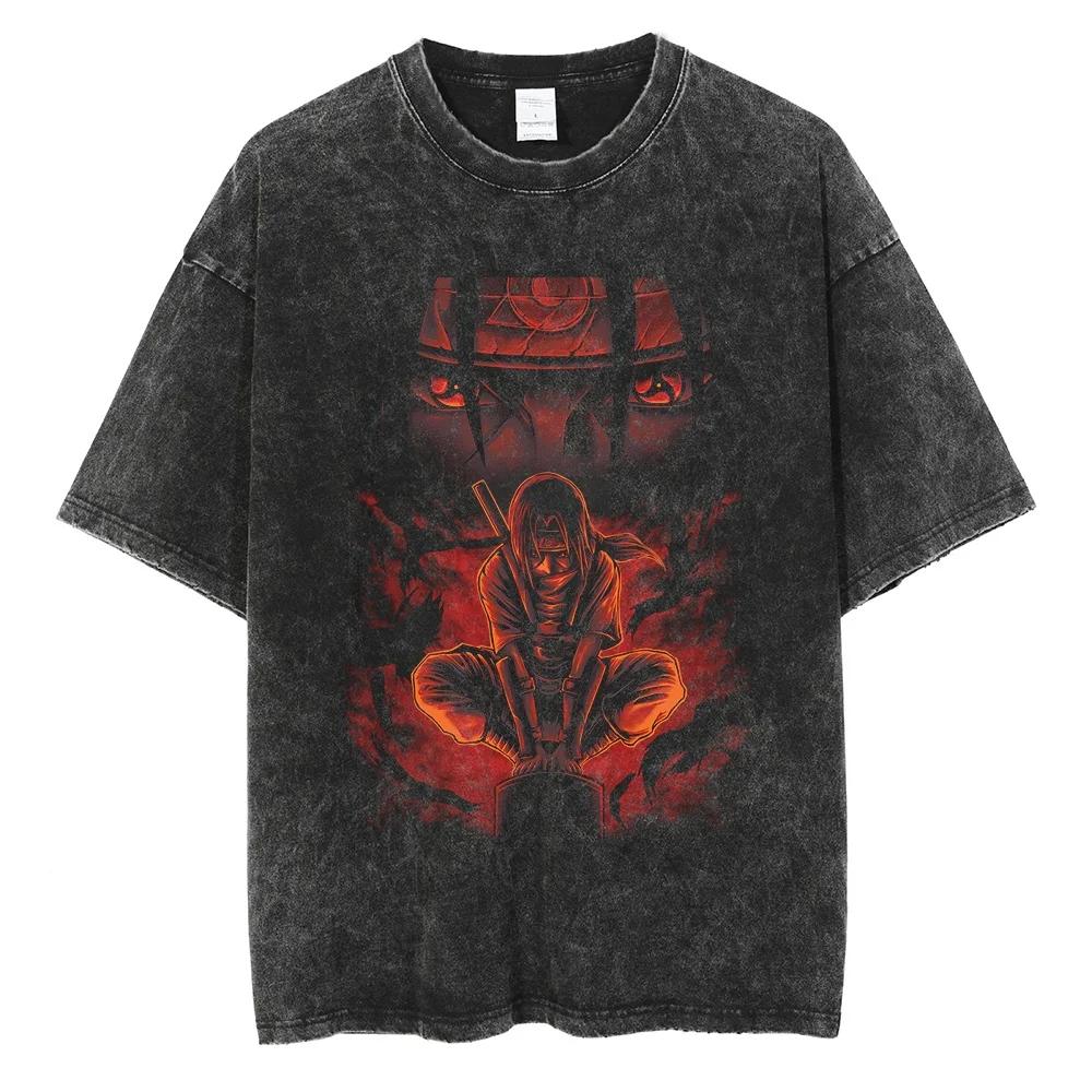 Men Short Sleeve T Shirt Naruto Anime Print Vintage TShirt Cotton Black Washed Tops Tees Fashion Harajuku Streetwear Clothing S