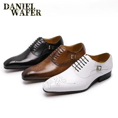 Fashion Luxury Mens Leather Brogue Shoes Stylish Pointed Toe Lace-Up Formal Office Wedding Social Comfortable Men's Brand Footwear