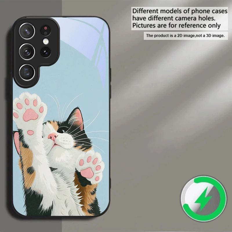 Cute White Flower Cat For Samsung S26 S20Ultra S21 Pro S22 Plus S23 FE S24 Ultra S25 For Magsafe Edge Glass Phone Case
