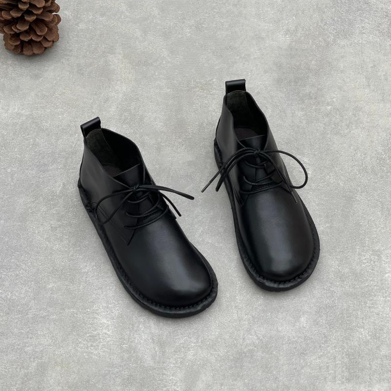 Johnature Genuine Leather Women's Shoes Soft Cowhide Round Toe Retro Soft Soled Lace-up Flat Short Boots