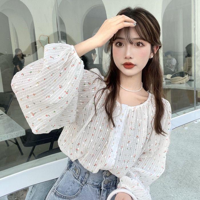 Long Sleeve Floral Chiffon Top Women's Designer Spring Summer Stylish Lantern Sleeve Loose Blouse