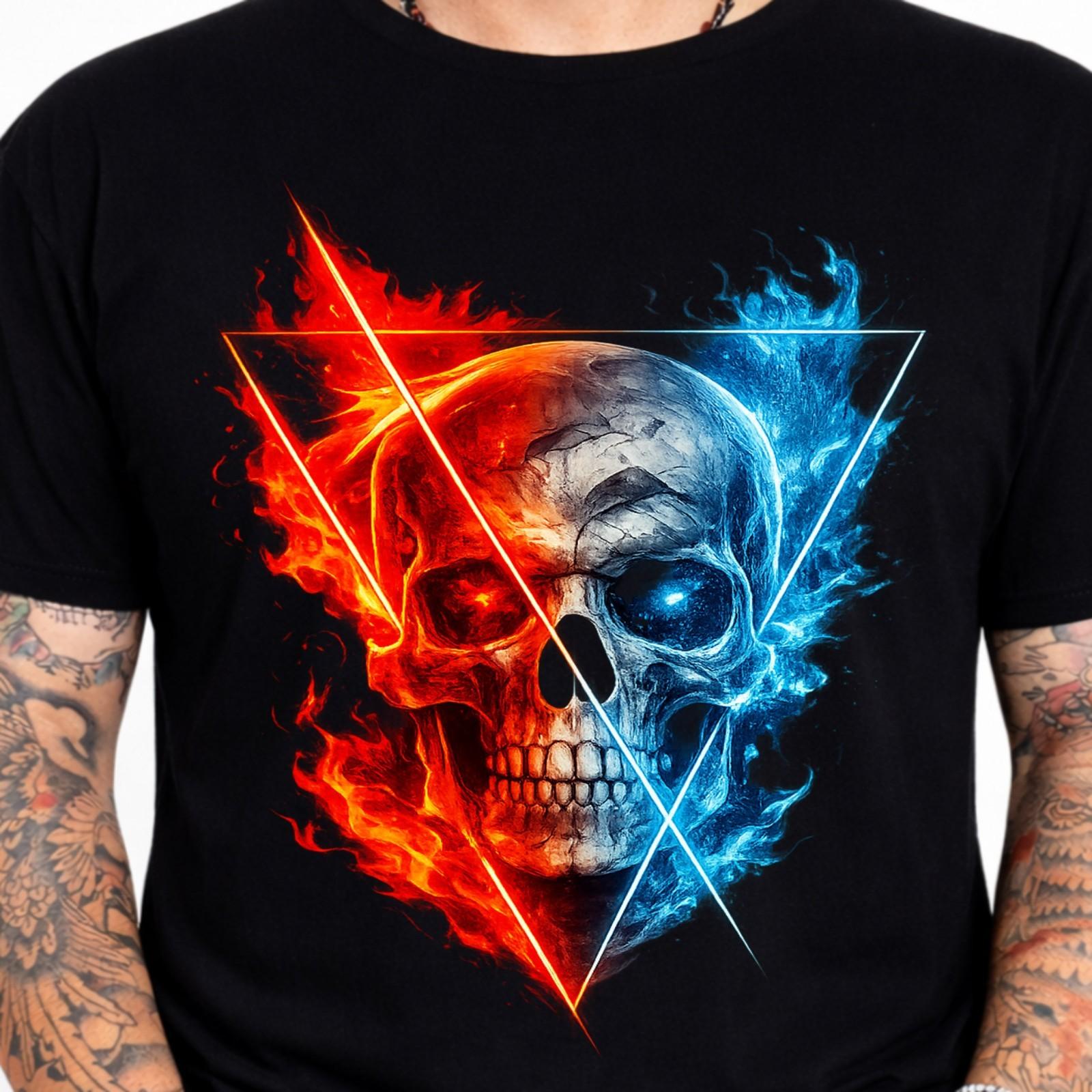 Skull Fire Ice Graphic Flame Gothic Biker Dark Horror Heavy Metal Cool Tee. XXL