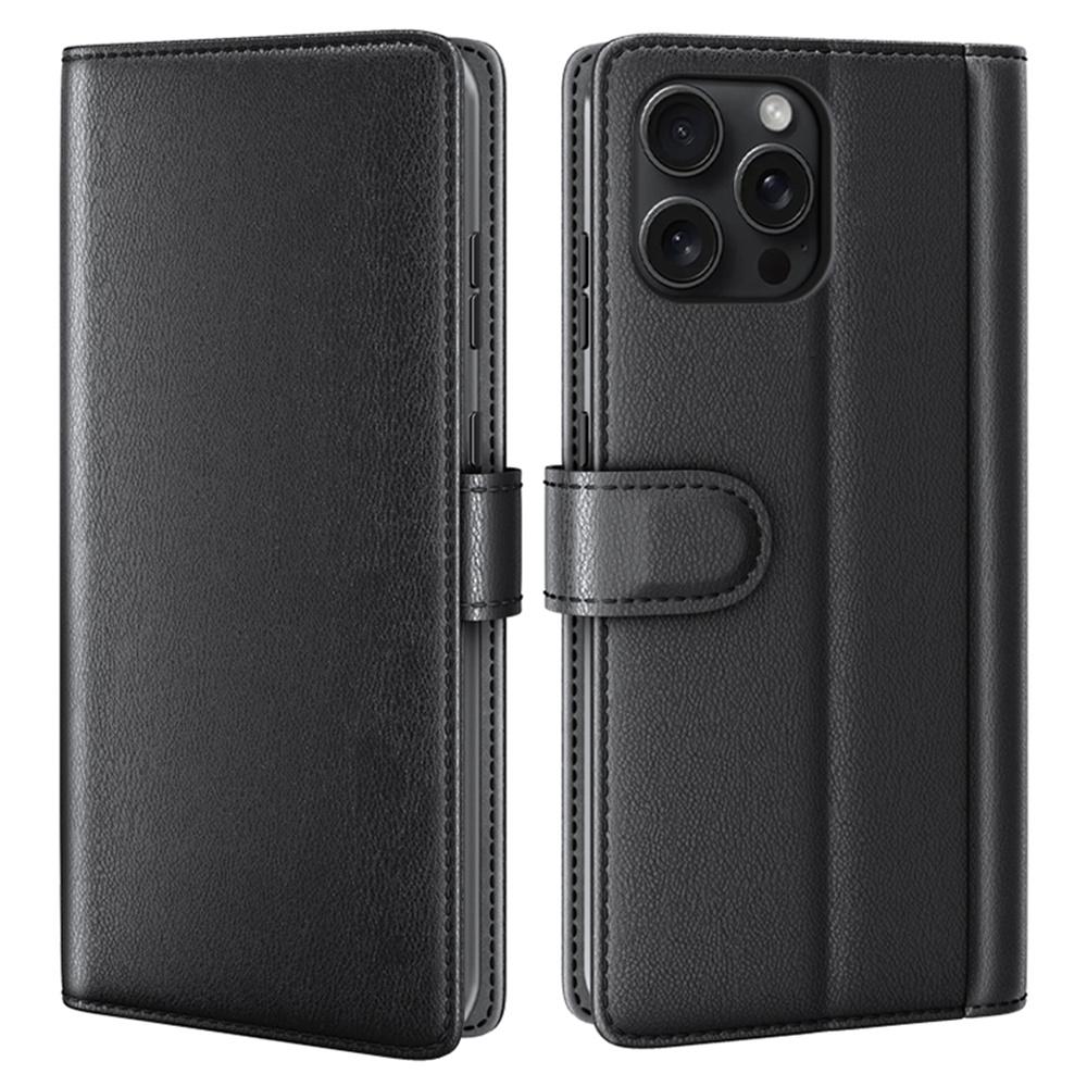 For iPhone 16 Pro Max Stand Cases Calf Texture Genuine Split Leather Wallet Phone Cover