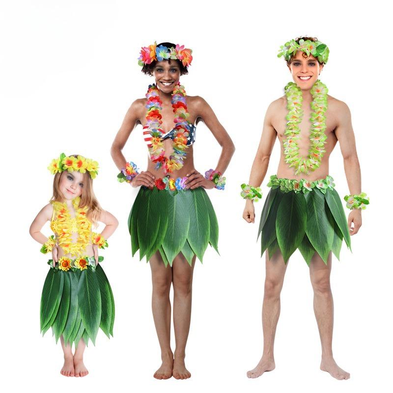 Hawaiian Luau Costume Set Leaf Skirt Flower Lei for Kids Adults Party Outfit