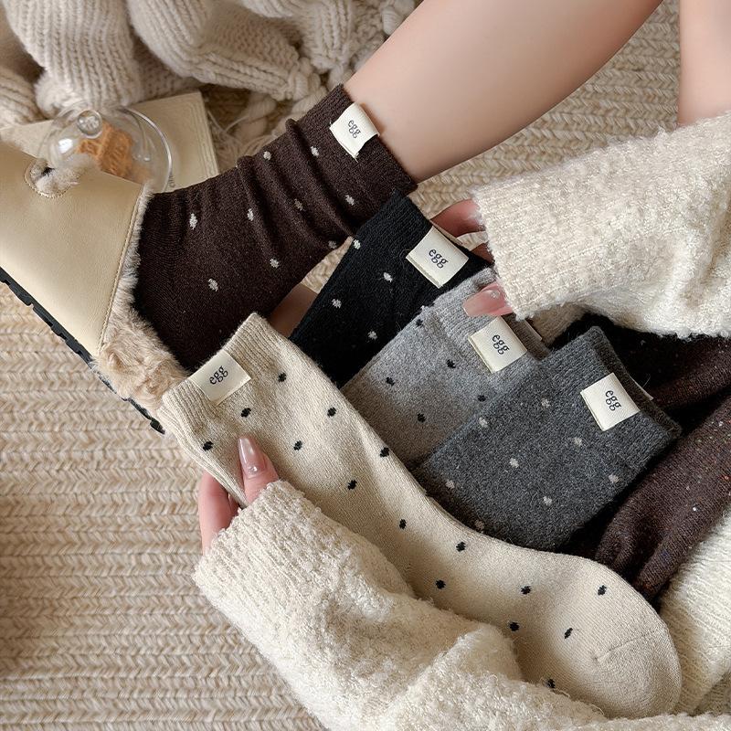 Korean Egg Cloth Label Polka Dot Wool Socks Medium Tube Socks Thickened Warm Coffee Color Winter Thick Socks Stockings Tide