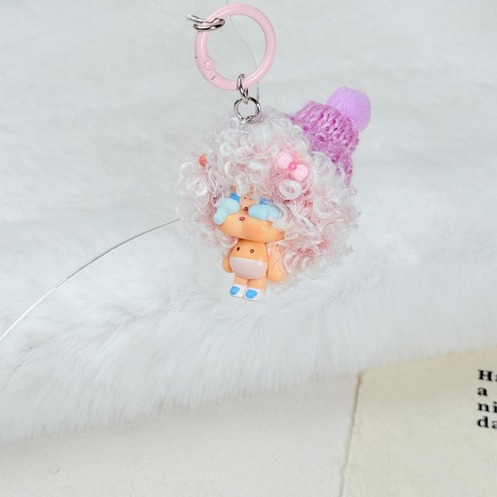 Cartoon Explosion Head Doll Keychain - New Wig Bag Charm & Phone Accessory