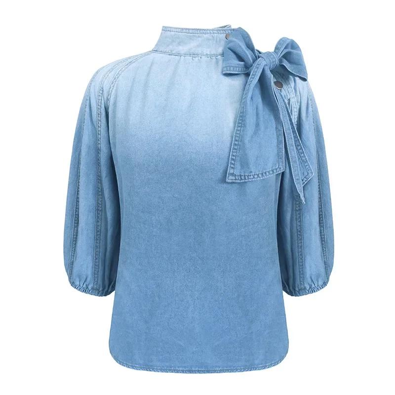 Spring Summer Lightweight Loose Women's Denim Shirt Butterfly Knot Elegant Bubble Sleeve Semi High Collar Casual Chic Pullover Tops