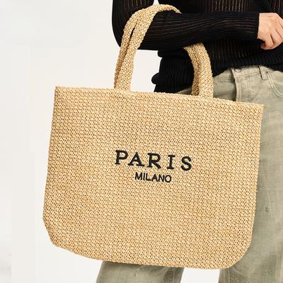 Borsa a tracolla da spiaggia di grande capacità, borsa da spiaggia con lettere ricamate da donna, borsa in paglia intrecciata alla moda