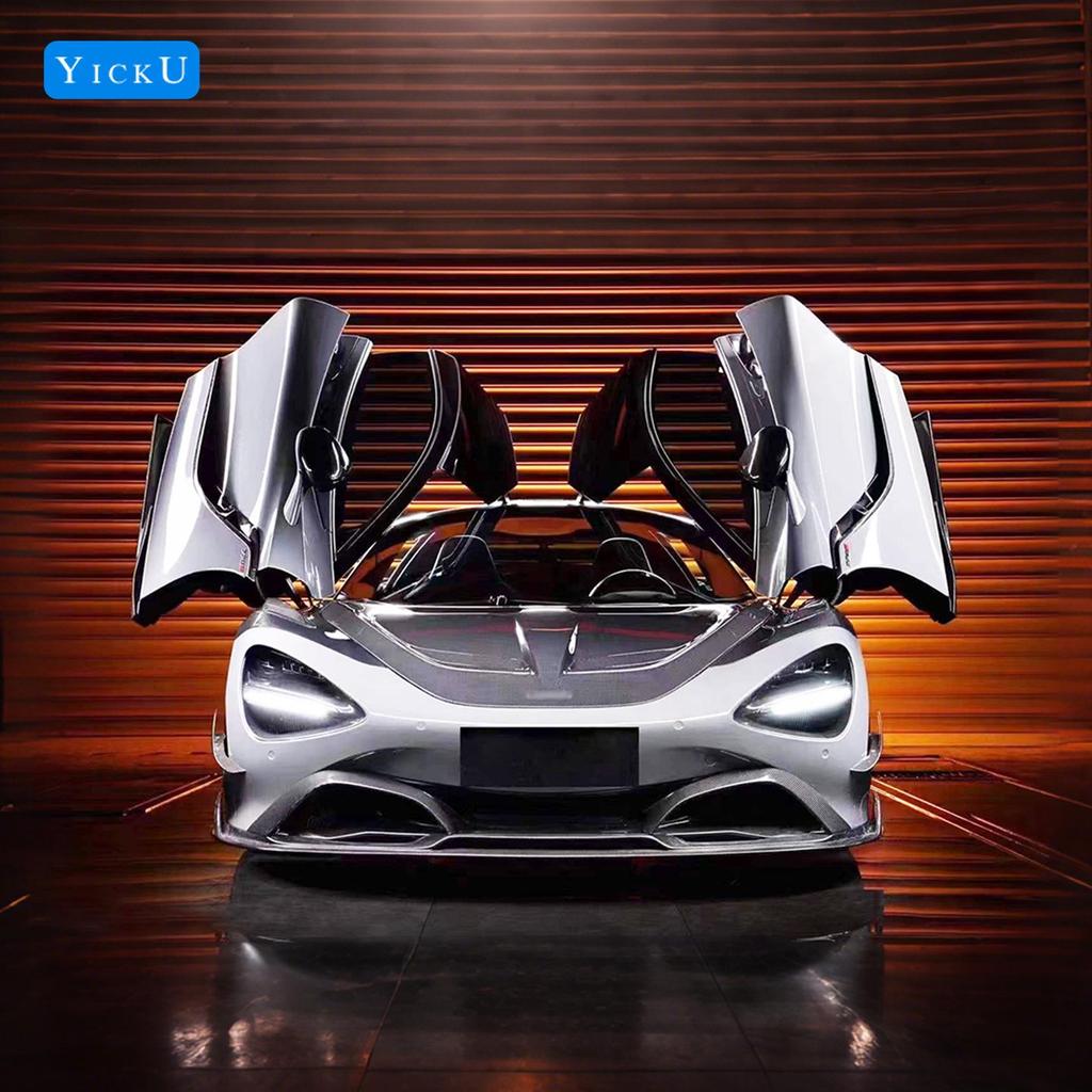 Compatible with McLaren 720S: BS Black Sail Carbon Fiber Front/Rear Lips, Side Skirts, Rear Wing, Fender, and Door Trim Strips.
