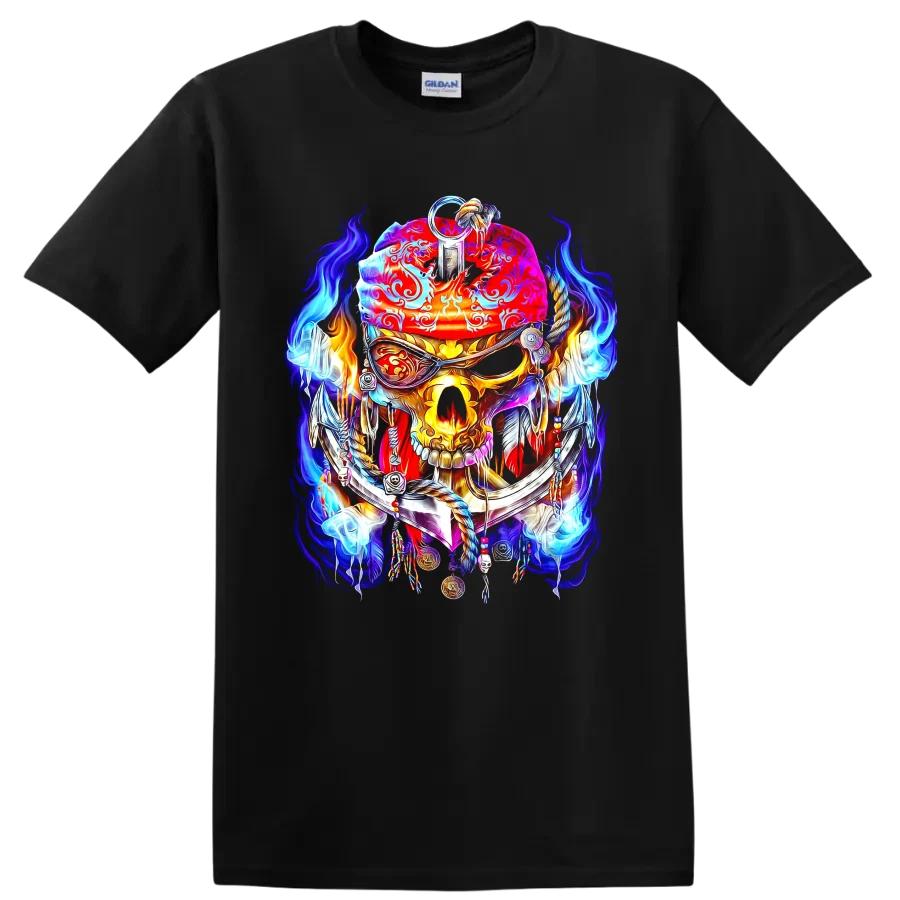 Pirate Skull T Shirt Neon Street Art Bandana Flames Graphic Tee Gift Colorful