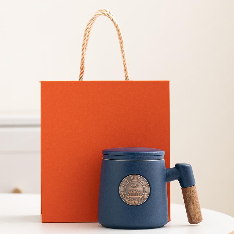Famous School Ceramic Cup Filter Cup, Metal Bronze Plate Relief Cup, Water Cup With Lid Gift Box