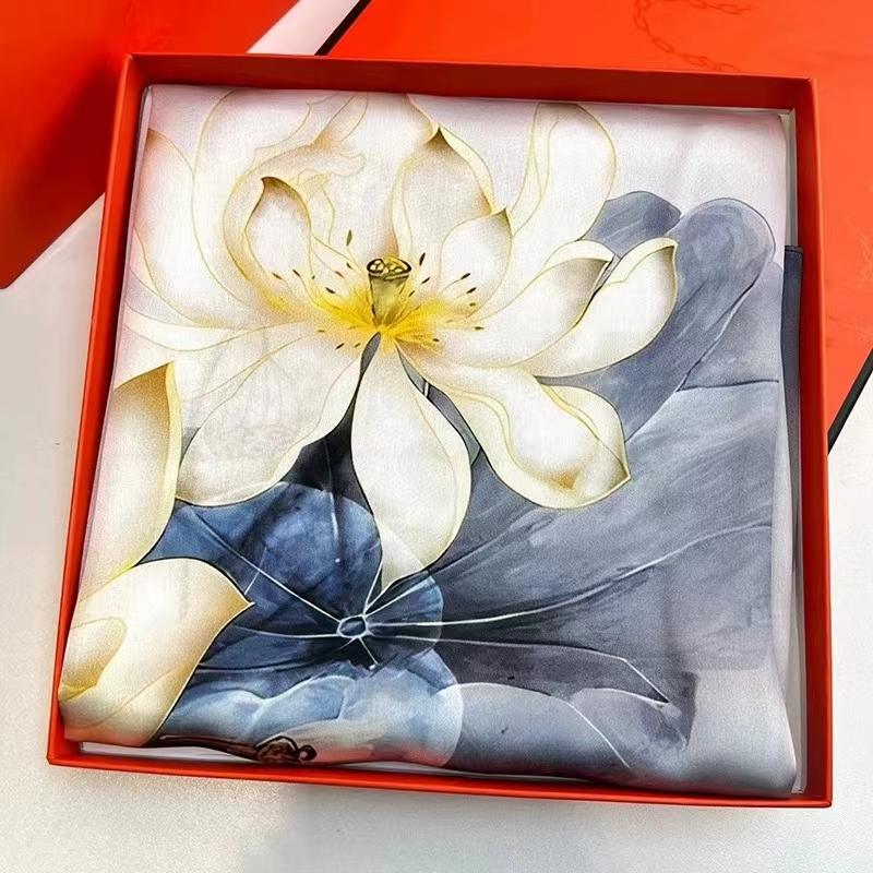 Bysifa|China Style Lotus Blue White Women100% Silk Scarf Hijab Cape Bandana Fall Winter Large Square Head Scarves Shawls 90Cm