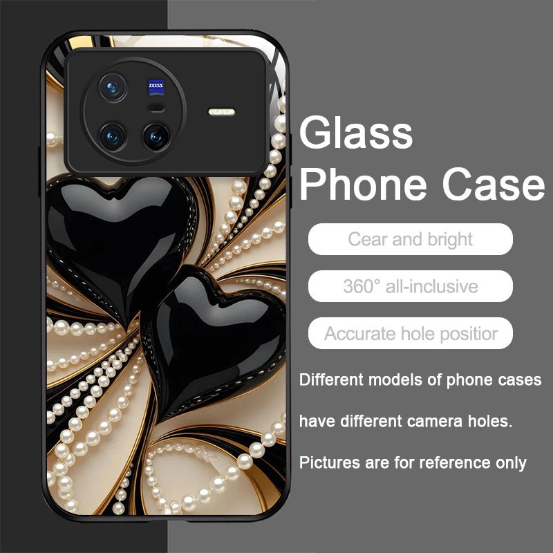 Stylish Black White Heart with Pearls Tempered Glass Phone Case for OPPO Reno 13F 12 11 10 ProPlus Find X8 X3 Lite A58 A94 Cover