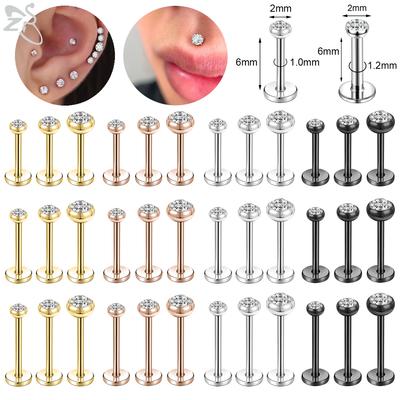 ZS 10 Pezzi/lotto Colore Oro 16/18G Acciaio Inossidabile Labret Piercing Labbra Uomo Cristallo CZ Cartilagine Orecchio Trago Helix Piercing 6/8/10MM