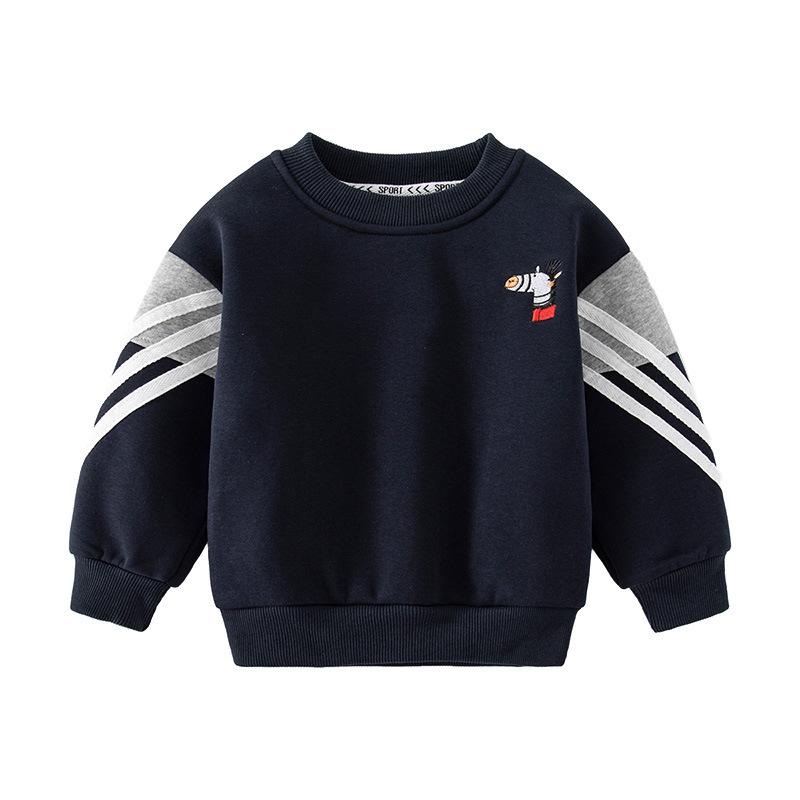 Autumn and winter boys round neck cartoon printed long-sleeved sweater, casual white striped warm pullover sweater