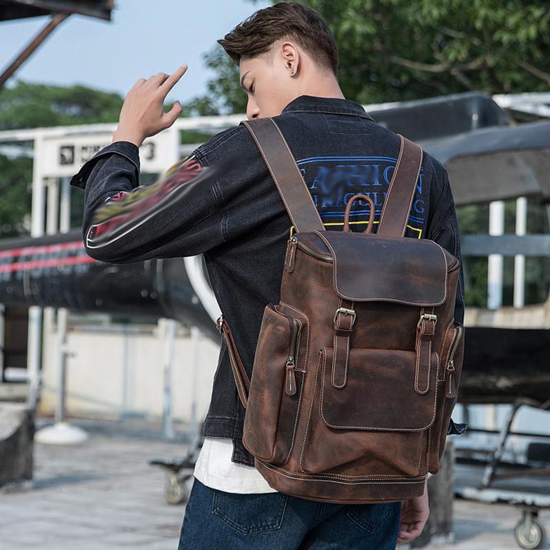 Genuine Leather Bag Handmade Cowhide Backpack Men's Large-capacity Motorcycle Men's Bag Cycling Travel Leather Bag Tide Brand Computer Backpack