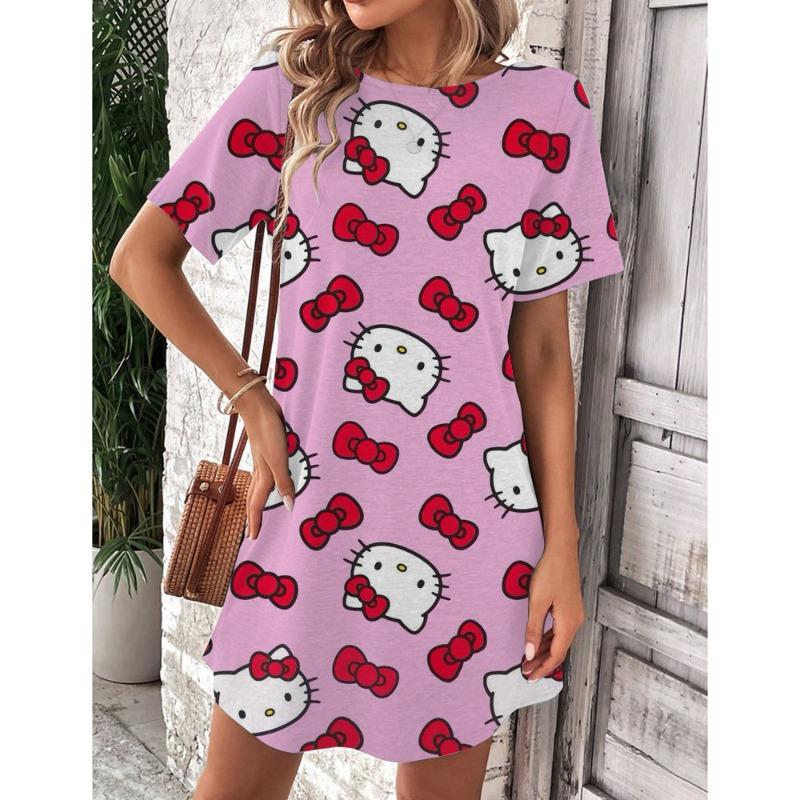 Robe d'été élégante et belle pour femme Nouvelle collection Hello Kitty Jupe courte sexy Robe mini à col rond pour femme