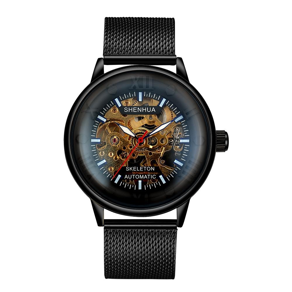Men's Watches Luxury Brand Wind Hand Mechanical Skeleton Mens Watches Stainless Steel Band Bracelet Mesh Bracelet 2025