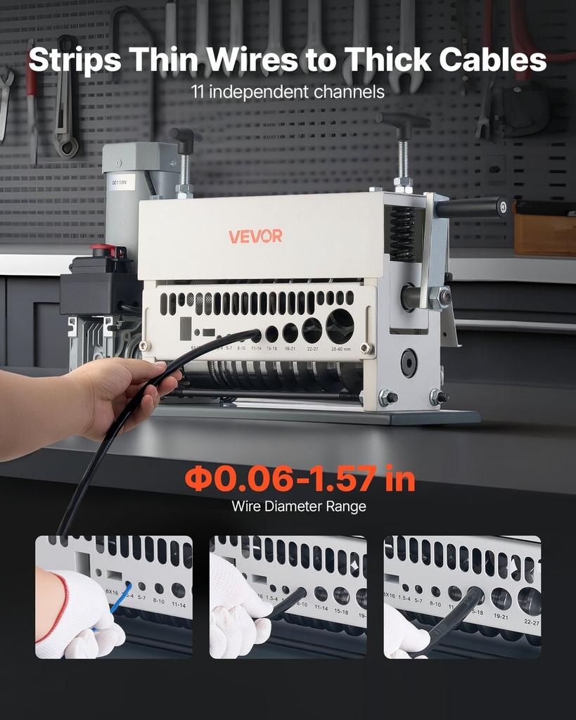Electric Wire Stripper Machine, 1.5-40 Mm, 11 Channel Automatic Copper Cable Stripper, 370W Wire Stripper Tool with Manual Hand Crank Mode, Emergency