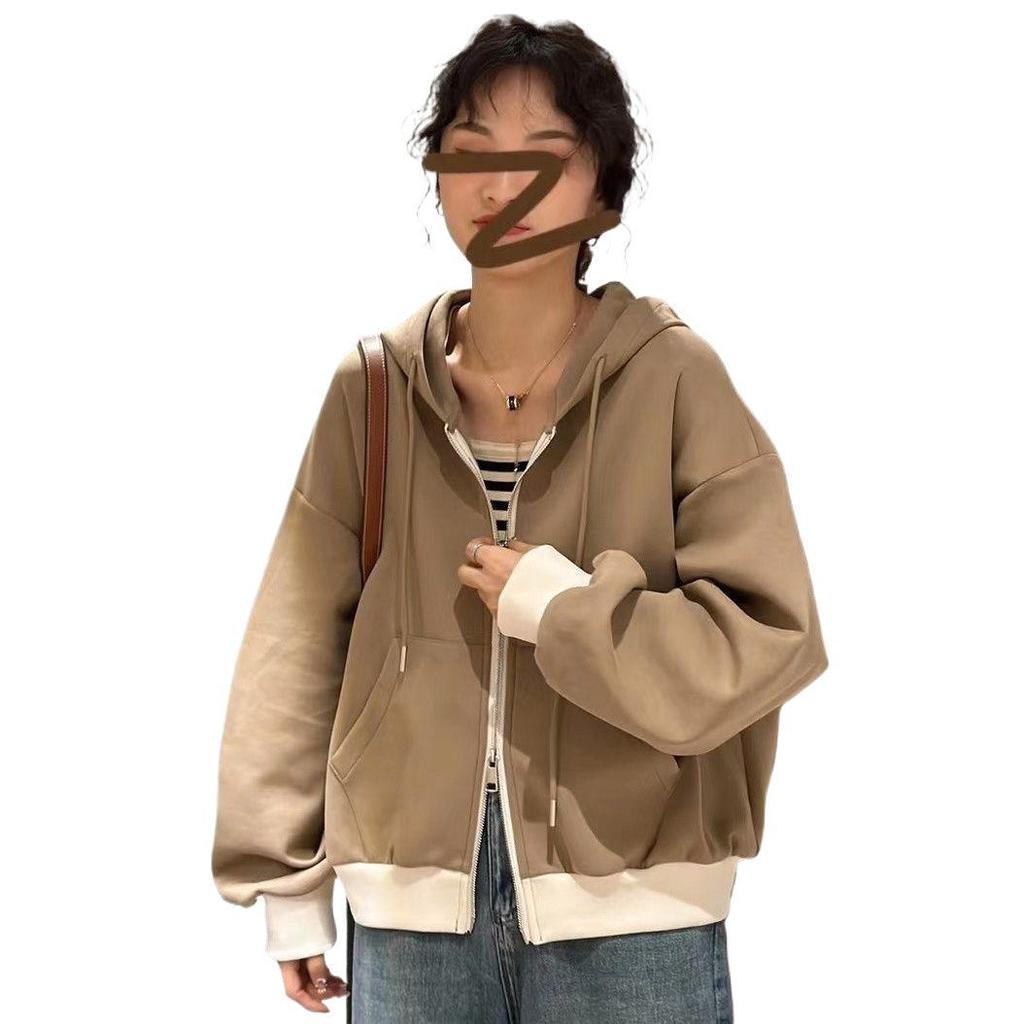 2025 Autumn-Winter Women's Patchwork Hooded Jacket: Loose Fit, Casual Zip-Up Petite Sweatshirt