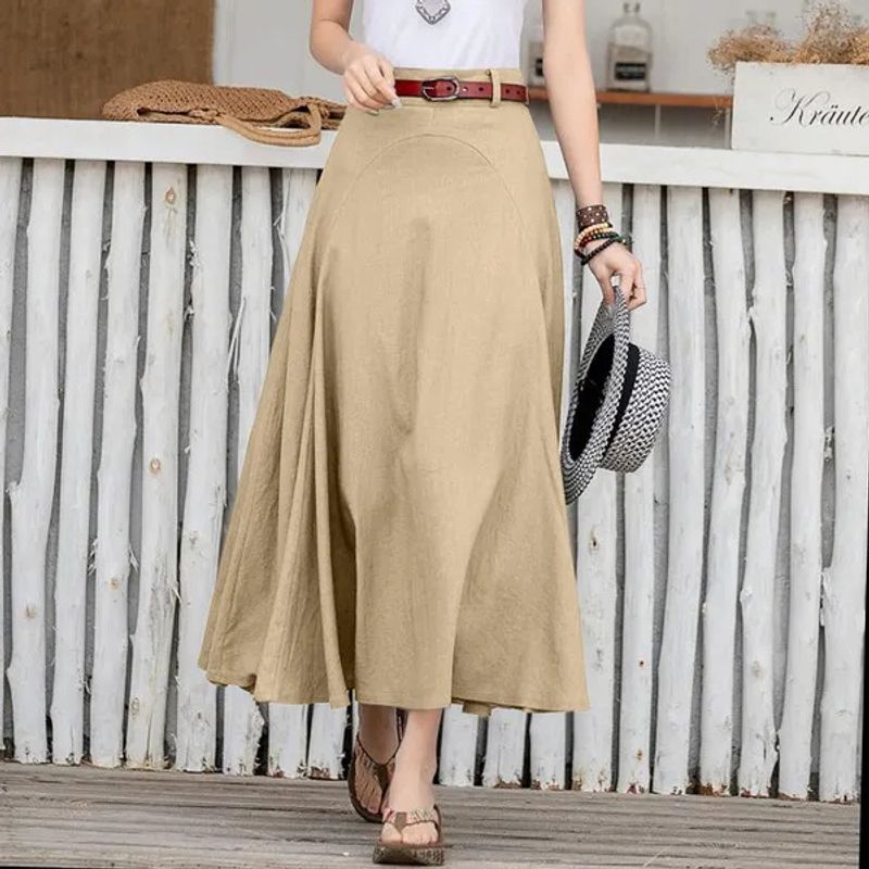 

Large Size Long Skirt2024 Women s Fashionable All-Match Skirt A- Line High Waist Slim Looking plus Size Long Dress Khaki S