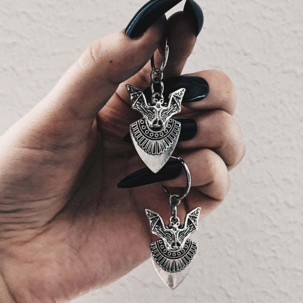 Gothic Ancient Silver Vampire Bat Triangular Shield Pendant Hoop Earrings for Women Hallowmas Party Witchcraft Jewelry Accessory