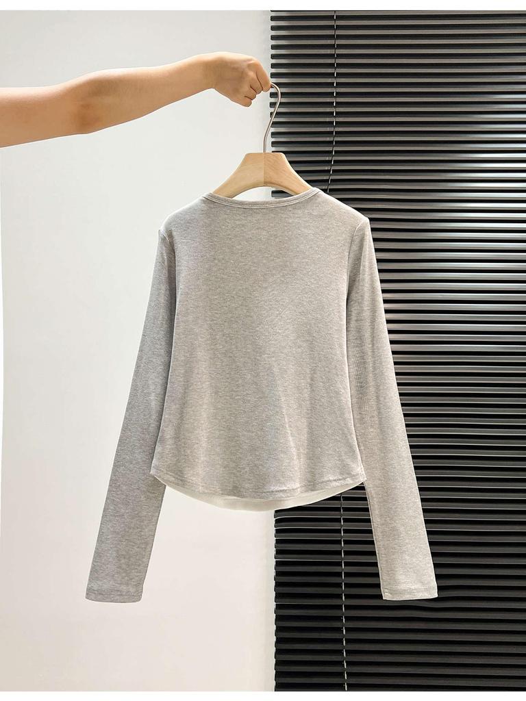 Color-block Women's Long-Sleeve Faux Two-Piece Slim Top for Spring, Autumn, and Winter