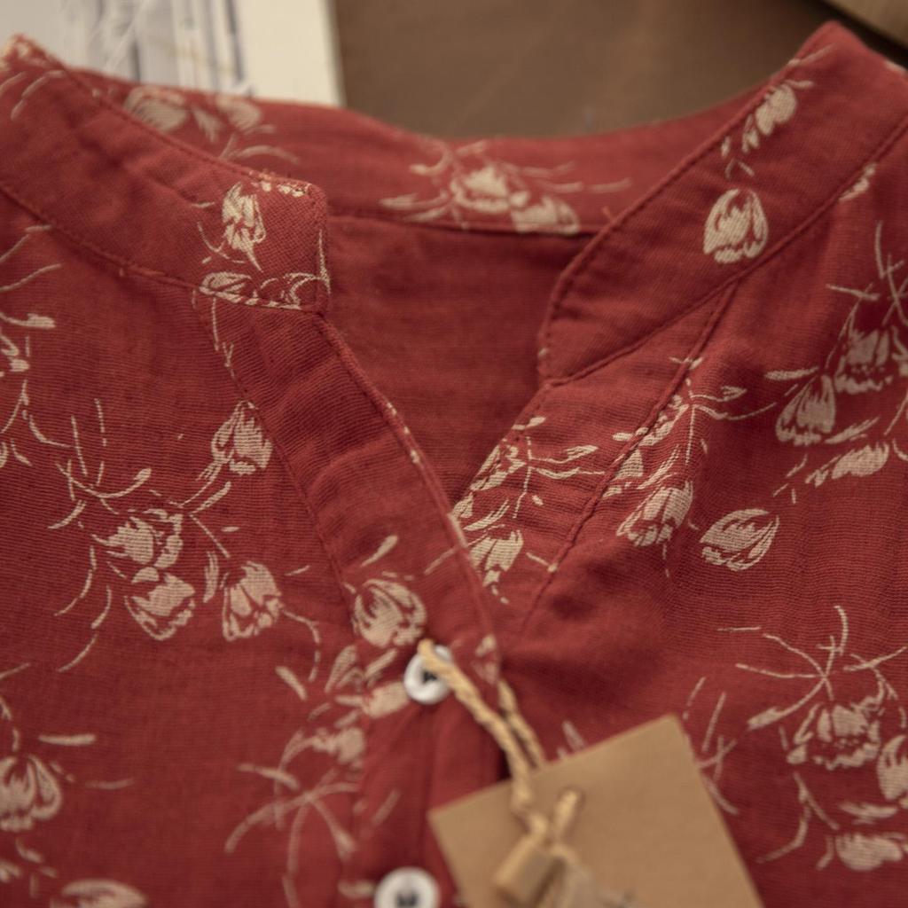 Chemise en Coton et Lin à Manches Longues et Décolleté en V Florale Gorge d'Hiver – Style Printanier Élégant pour Femme